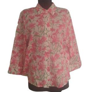 Alfred Dunner 12P blouse Butterflies Flowers Button Front 3/4 Sleeves Plaid Pink